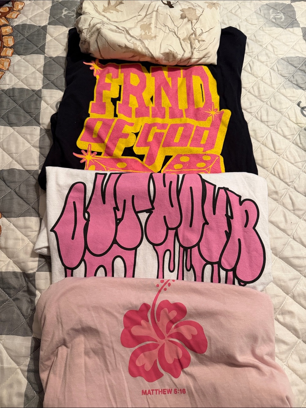 4 women’s Christian Stack of Graphic Tees - Black, White, Pink